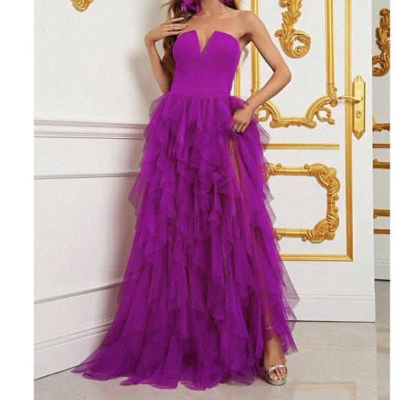 Chic Split Thigh Mesh Overlay Tube Maxi Dress purple - Picture 9 of 9